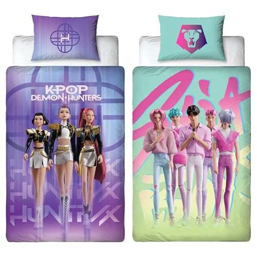 Character World K Pop Demon Hunters Officially Licensed Single Duvet Cover Set | Huntrix and Saja Boys Design Reversible 2 Sided Bedding Including Matching Pillow Case | Perfect For Kids Bedroom