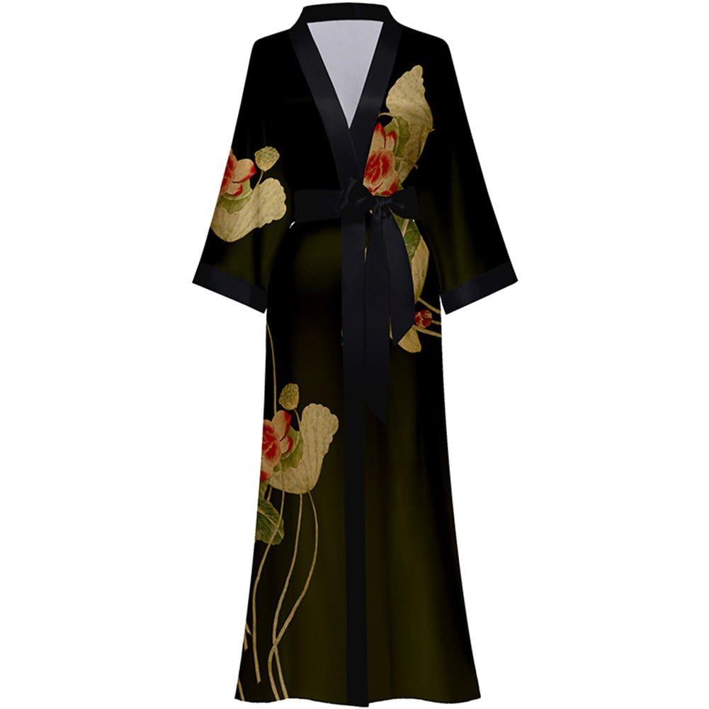 Ropa de dormir de satén estilo kimono de baño largo floral mujer