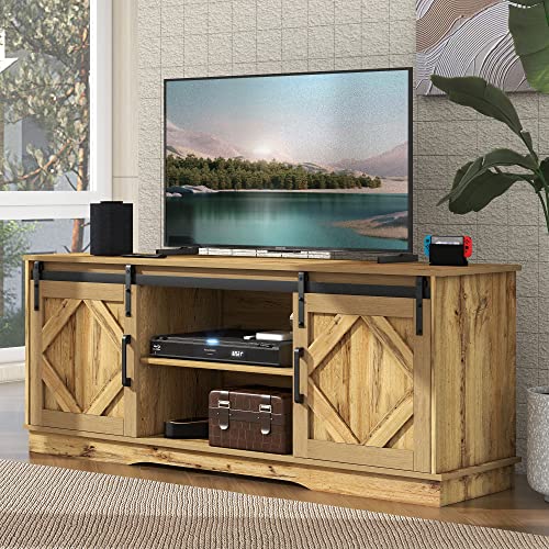 BTM Meuble TV 150cm, Industriel en Bois avec 2 Portes Coulissantes et Etagères Réglables, Style Rustique, Banc TV pour Max 65 Pouces, Charge 80kg,...