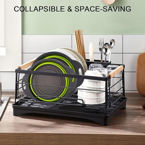 Image of Collapsible Silicone Colander Set of 3 with Drainage Tray, Foldable Food Strainer Basket for Fruits, Vegetables, Pasta & Kitchen Storage, Space Saving - Grey Green