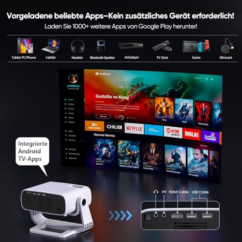 Wielio 2025 Neuer Upgraded Full HD 1080P Beamer, 20000 Lumens, 4K Unterstützung, Android 11, WiFi 6＆ Bluetooth 5.2, automatische Trapezkorrektur, 120° schwenkbarer Heimkino Beamer - 2