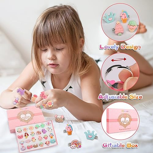Image of STAR WORK Little Girl Jewel Rings in Box, Adjustable, No Duplication, 24 pcs Girl Pretend Play and Dress Up Rings For Up To 12 Years