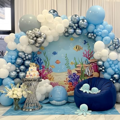 Image of 60 Pcs Baby Blue and Silver Balloons, 12 Inch Light Blue Dusty Pale Blue White with Chrome Metallic Silver Party Latex Balloons for Bridal Baby Shower Baptism Wedding Birthday Party Decorations