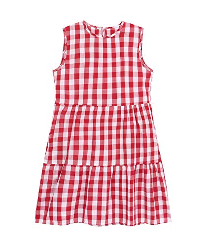 Jurebecia Vestido casual feminino de verão sem mangas xadrez com bolsos,Vermelho-L