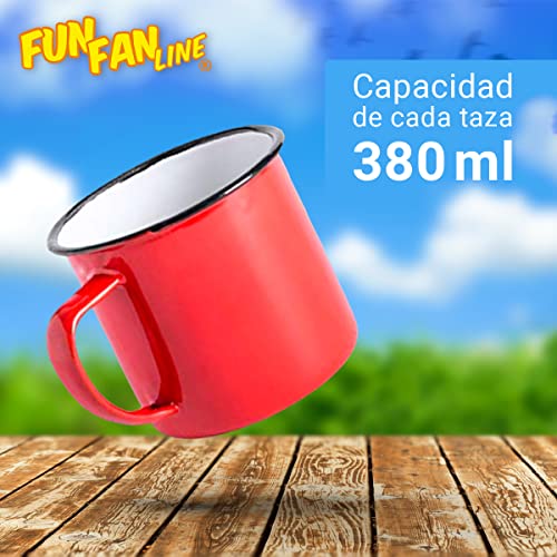 Fun Fan Line - Set Of Enamel Vintage Retro Metal Mugs In Reusable Cotton Bag. Hot And Cold Drinks (Set Of 4, Mixed Colours W/Green) #TOP2