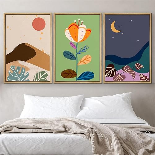 Impression sur toile milieu du siècle : illustration fleur et lune bohème 50x70 cm