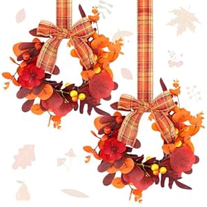 Syhood 2 Pack 9 Inch Mini Thanksgiving Fall Wreaths for Front Door Autumn Maple Leaf Wreath with Rustic Bow Wreath Small Thanksgiving Kitchen Cabinet for Porch Wall Window Decor Syhood 2 Pack 9 Inch Mini Thanksgiving Fall Wreaths for Front Door Autumn Maple Leaf Wreath with Rustic Bow Wreath Small Thanksgiving Kitchen Cabinet for Porch Wall Window Decor