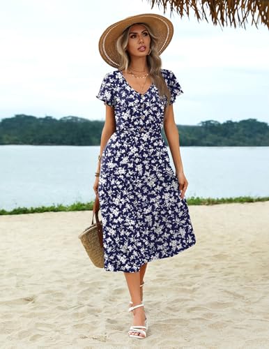 Image of Zeagoo Women's Summer Casual Dress Flutter Short Sleeve V Neck Button Down Tiered Flowy Long Dress with Pockets