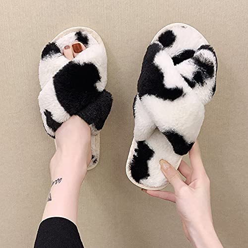 Criss Cross Fluffy Faux Fur Slippers Open Toe Slides Soft Warm Plush Furry Fuzzy Slip On Sandals House Shoes for Women4