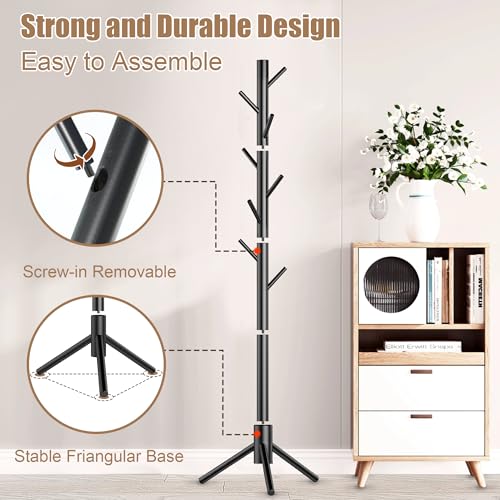 Aliphon Wooden Coat Rack Stand, Freestanding Coat Rack with 8 Hooks, 3 Adjustable Size Coa - image 5