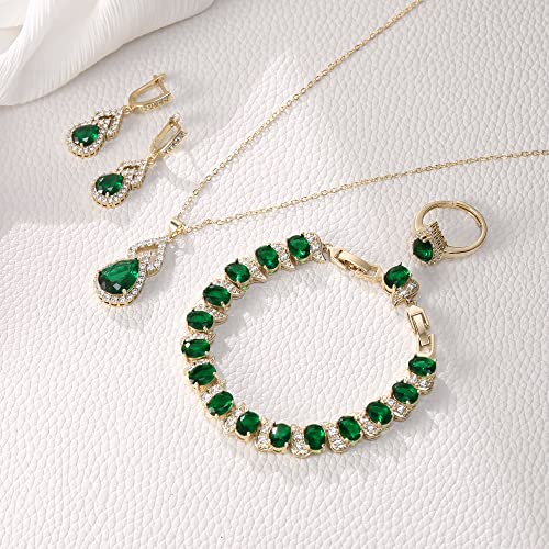 Elequeen Jewelry Set For Women, Gold Plated Green Teardrop Cubic Zirconia Necklace Open Ring Earrings Bracelet Sets, Wedding/Anniversary/Valentine's Day/Mother's Day Jewelry Gift For Brides/Wife/Girlfriend/Mom #TOP4