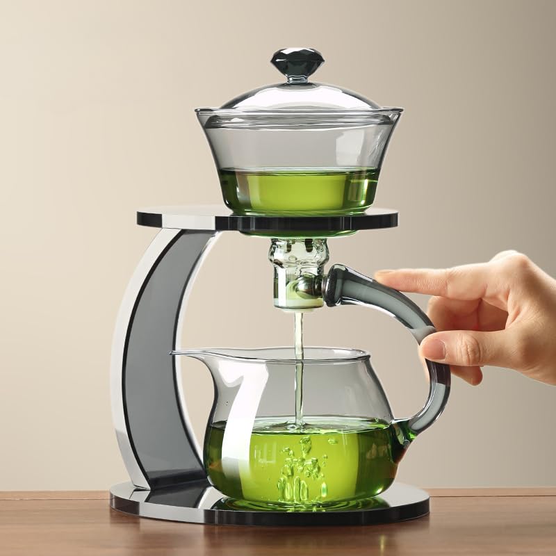 Lazy Kungfu glass tea set, semi-automatic glass teapot set,office home table decoration (grey)