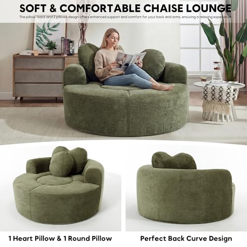 Image of Oversized Round Chair Lounge Chaise Indoor, 54.3 inch Upholstered Corduroy Deep Seat Single Cloud Sofa Chair with Heart-Shaped Pillow Modern Large Circle Boneless Couch for Living Room, Green