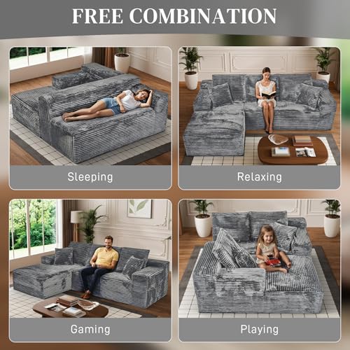 Image of 108 inch Boneless Couches for Living Room, L Shaped Comfy Cloud Modular Sectional Memory Foam Deep Seat Boneless Couch, No Assembly Required Boneless Sofa for Living Room with Left Facing Chaise, Grey