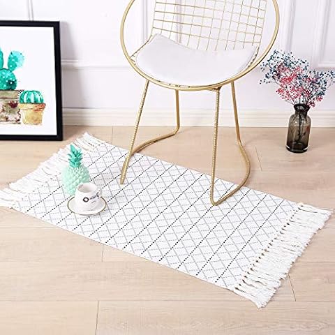 Moroccan Hand Woven Bathroom Rug, Fringe Rug for Bedroom, Cotton Woven Boho Tassel Throw Rug , Tribal Decorative Throw Rugs Carpet for Laundry Hallway Kitchen Sink, Exquisite Geometric (2'x3', Gray) Cover