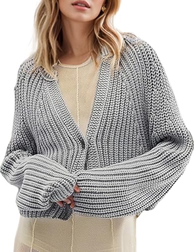 Image of Yimoon Womens Crop Cardigan Sweater Chunky Crewneck Open Font Button Down Cropped Knitted Sweater 2024 Fall (Grey-L)