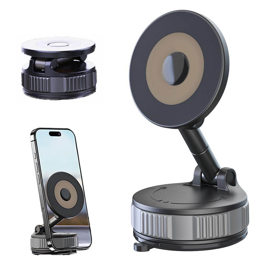 2025 Upgraded Magnetic Car Phone Holder with Vacuum Suction Cup, 360° Adjustable Dashboard Mount, Strong Magnet, One-Handed Anti-Shake Stand with Magnetic Ring for Mirror/Shower/Smooth Surface