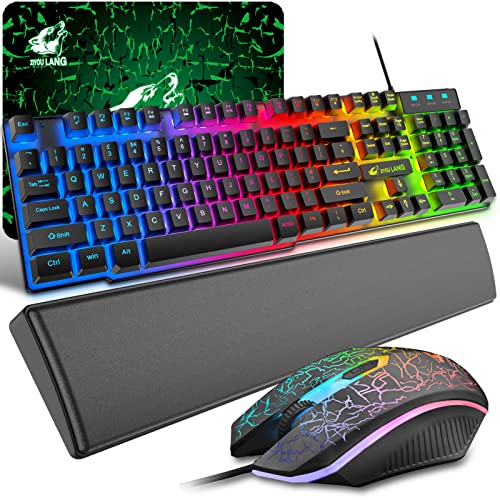 Gaming Keyboard and Mouse with Wrist Rest, 104 Keys Rainbow Backlit QWERTY UK Layout Keyboard 2400 DPI 4 Buttons Breathing Mice MousePad HandRest, USB Wired, Compatible with Windows Mac PC PS4, Black