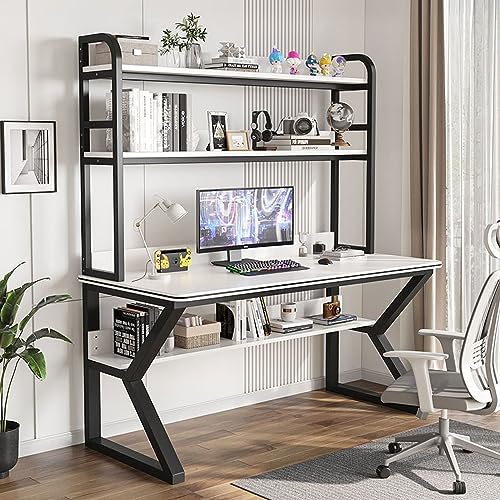 Home-Office-Schreibtisch mit Stall und Bücherregal, moderner Arbeitsstation für Erwachsene und Studenten, stilvoller Computertisch für PC-Schreib- und Lernbedürfnisse, Grau und Weiß