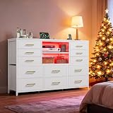 EnHomee 12 Drawers Dresser for Bedroom with LED Lights & Charging Station