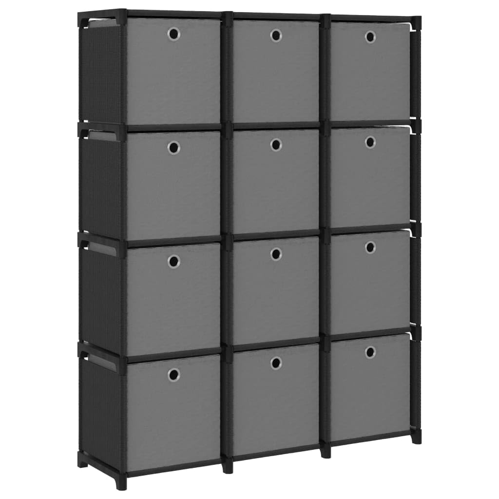 Scaffale con 12 scatole, libreria, sottile, nero, tessuto, acciaio, 103 x 30 x 141 cm, design moderno, soluzione di archiviazione per soggiorno e cucina