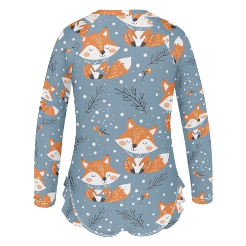 Cute Fox and Snow Girls Long Sleeve Swimsuit Rash Guard One Piece Bathing Suits Zipper 3-12T3