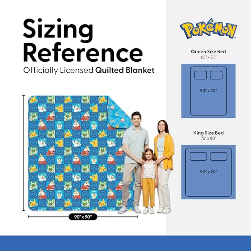 Image of Pokemon Power Squares Full /Queen Quilted Throw Blanket Adults Boys Girls, Soft Lightweight Bedding for Bed, or Couch, 90 x 90 inches
