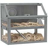PawHut Hamsterkäfig aus Holz 3 Etagen mit Tiefem Untergeschoss für Hohe Einstreu, Nagarium mit Abnehmbaren Ebenen für Leichte Reinigung, Kleintierkäfig mit Laufrad und Hütte, 80 x 50 x 76 cm Hellgrau