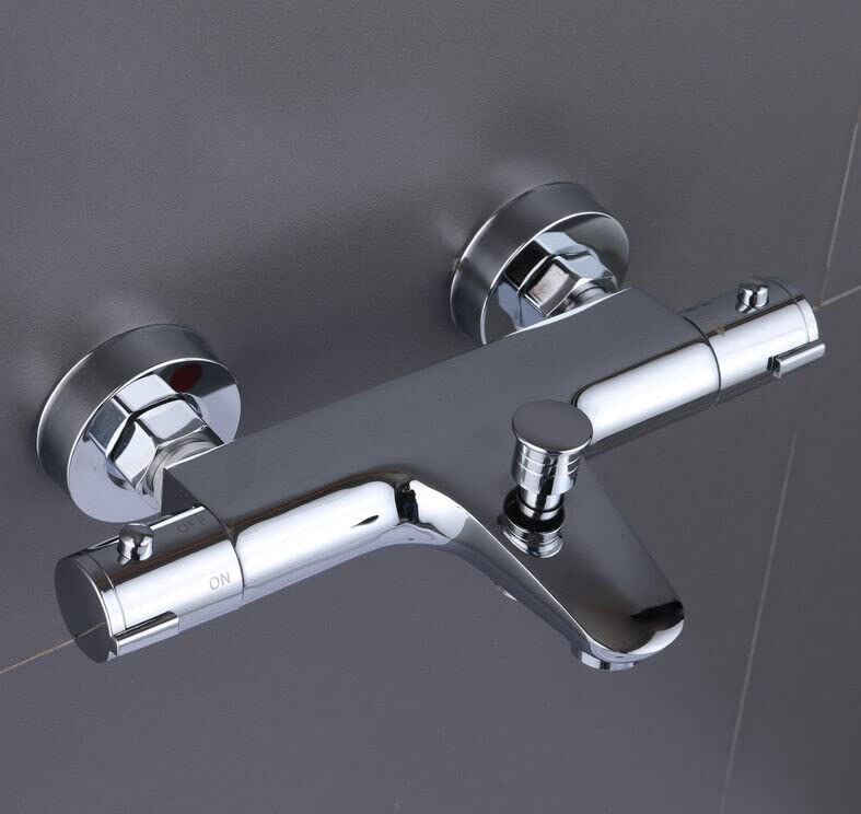 Grifo de bañera con termostato 20-50℃, mezclador de ducha de acero inoxidable con 2 salidas de agua, grifo de baño cromado, protección contra quemaduras con botón de seguridad de 38 °C