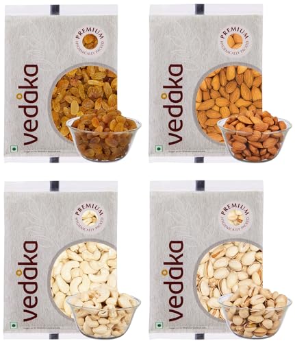 Image of Amazon Brand - Vedaka Premium Dry Fruits Combo 400G | 100G Each - Almonds, Raisins, Cashews & Pista | Kaju, Kishmish, Pista & Badam Gift Pack | Great For Snacking And Gifting | Healthy Snacks