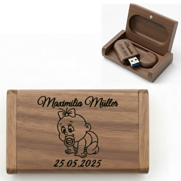 Memoria USB de nacimiento + caja de regalo de madera maciza con grabado personalizable, 32/64/128 GB, 3.0 individuel, color nogal, 32 GB