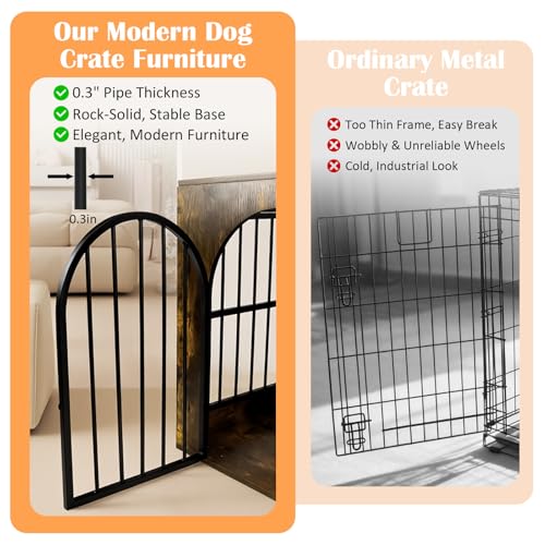 Dog Crate Furniture for Small Medium Dogs, Heavy Duty Wood Metal Indoor Dog Kennel with Bowls, Decorative Pet Cage Dog House as TV Stand, Brown - Image 5