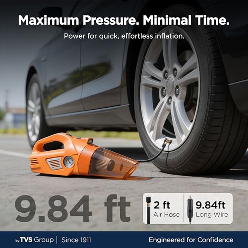 Image of myTVS air Dual Pro 2 in 1 Tyre Inflator & Car Vacuum Cleaner for car 12V |100 PSI Air Pump for Car Tire| 100W High Power Suction for Wet & Dry Cleaning| LED Light, Long Wire 1+1 Year Warranty - TI-8
