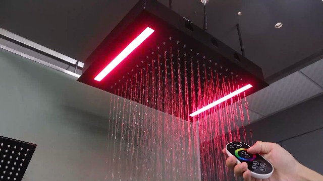 Sistema de ducha LED dual ENGA, ducha de lluvia grande de 14" x 20" + ducha de pared de 6", 4 chorros corporales con encendido/apagado individual y presión ajustable del agua, juego de grifería de ducha de lluvia, dorado cepillado miniatura 7