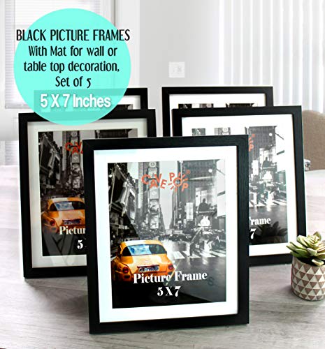CAVEPOP 5x7 Black Picture Frames 5-Sets, Made to Display (6.25x8.25” Ivory Color Mat 5x7”) Collage Picture Frame Sets