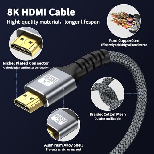 Image of 8k Hdmi Cable 6.6ft Ultra High Speed HDMI 2.1 Cable 8K@60HZ 4K@120HZ 48Gbps HDMI Cord for HDTV,PS4,PS5,Monitor Laptop,Xbox,HDCP 2.2&2.3 Support HDR,eARC,Dolby.(Silvery)