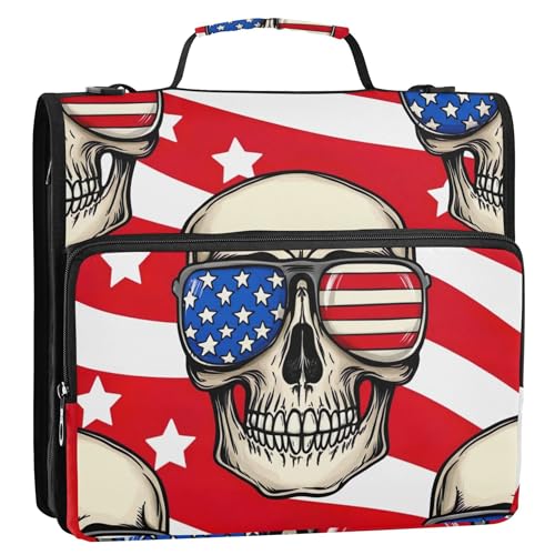 ファニーバインダージッパーオーガナイザー 1 1/2インチ 3リングバインダー Dリング ファニースカルレッドストライプ マルチポケット ラージポートフォリオフォルダーバインダー ショルダーストラップ付き 学校用