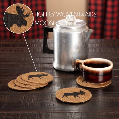 VHC-Brands-Cumberland-Moose-Print-Textured-Jute-Rustic-Tabletop-Kitchen-Stenciled-Round-Bedding-Accessory-Coaster-Set-Natural-Tan VHC Brands Cumberland Moose Print Textured Jute Rustic Tabletop Kitchen Stenciled Round Bedding Accessory Coaster Set Natural Tan