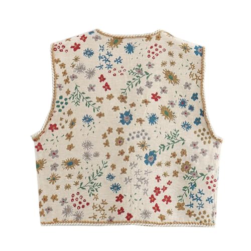 Women Crochet Floral Embroidered Vest Boho Floral Tie Front Vest Vintage Sleeveless Crop Cardigan Cowgirl Outerwear (Beige,Medium)2