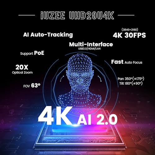 Image of 4K UHD PTZ Camera AI-Auto Tracking, 20X Optical Zoom, USB3.0 /HDMI /LAN PoE, IP Live Streaming, PTZ Conference Room Camera for Church Services Education Conference Events, Work with YouTube OBS