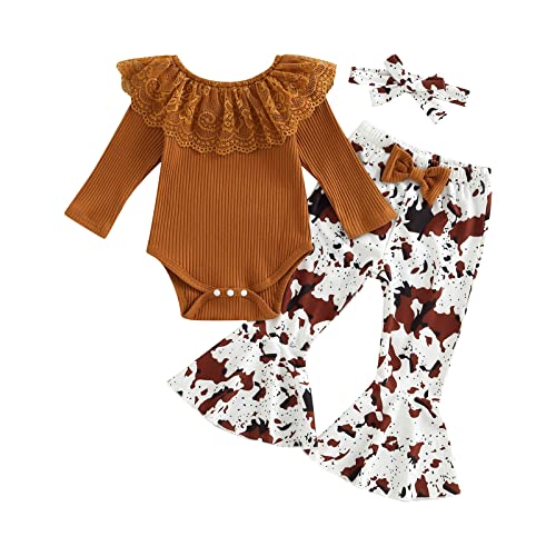 Image of fhutpw Newborn Baby Girl Clothes Rib Frill Romper Leopard Flared Pants Set | Infant Girls Fall Winter Clothes 0 3 6 9 12 18 Months, Cute Long Sleeve Knit Romper & Bell-Bottoms, Coming Home Outfits