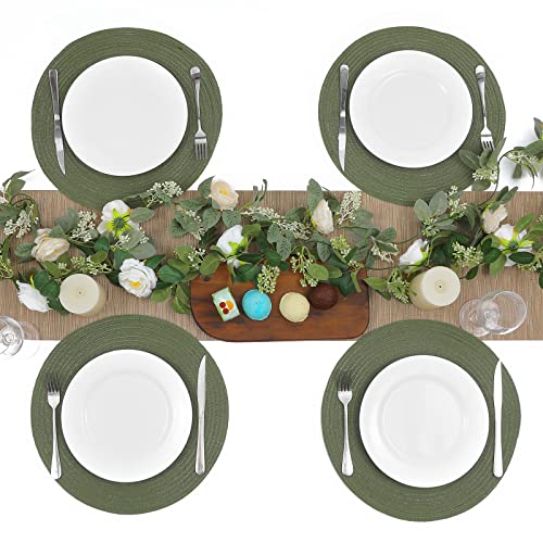 Image of SHACOS Round Placemats Set of 4 Washable 15 inch Round Table Mats Cotton Polyester Woven Braided Place Mats for Dining Table Wedding Party Decor (Olive Green, 4)