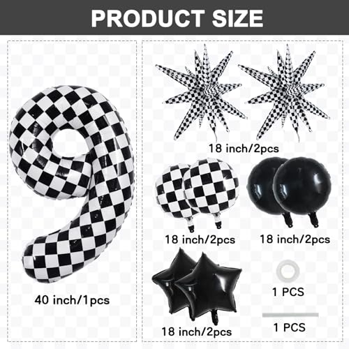 Image of TONIFUL 9th Birthday Balloons Kit 40 Inch Checkered Number 9 Foil Balloon