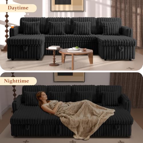 Image of 107'' Sectional Sleeper Sofa with Pull Out Bed, Storage Chaise, Adjustable Backrest, USB Charger, Cup Holder & Side Pocket, Fluffy Soft Corduroy U Shaped Couch for Living Room, Black