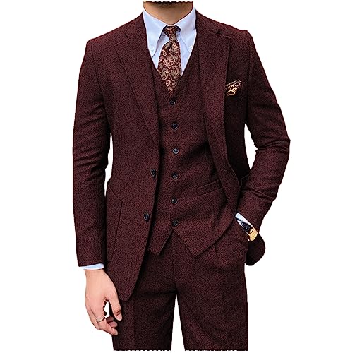 Men’s 3 Piece Wool Tweed Herringbone Men's Suits Two Button Wedding Business Tuxedo Solid Blazer Jacket Vest Pants