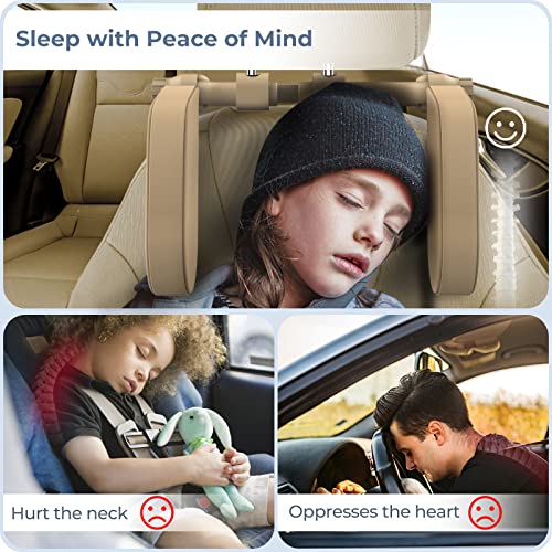 Image of Adjustable Car Headrest Pillow, Road Pal Headrest, U-Shaped Travel Sleeping Pillow for Kids & Adults, Head Neck Support Only Suitable for Car Seat Headrest with Poles, Khaki