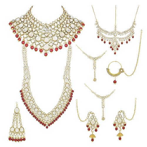 I Jewels Wedding Collection Traditional Ethnic Gold Plated Pearl & Kundan Stone Work Bridal Jewellery Set For Women (Maroon) (BLP032M)