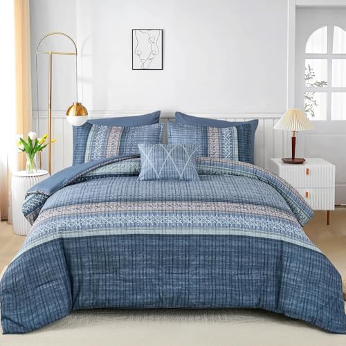 Image of Dintszyayue Blue Comforter Set Cal King Size, 8 Pieces Boho Striped Bed in a Bag Soft Microfiber Bedding Set for All Season