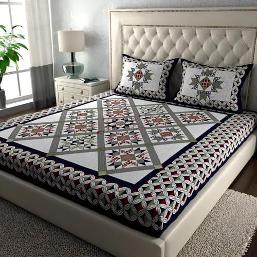 Image of KOUNDAL Rajasthani Jaipuri Sanganeri Printed 144 TC 100% Cotton Bed Sheet Set for Double Bed,Floral Print, Double Bedsheet Cotton with 2 Pillow Covers (Blue, King)
