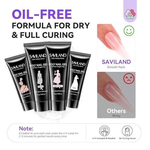 SAVILAND Poly Gel Nail Kit Starter: 4 Colors Natural Clear Poly Nail Gel with U V Lamp Slip Solution Quick Dry Nourish Nails 28 Days Durable DIY Salon Home Use